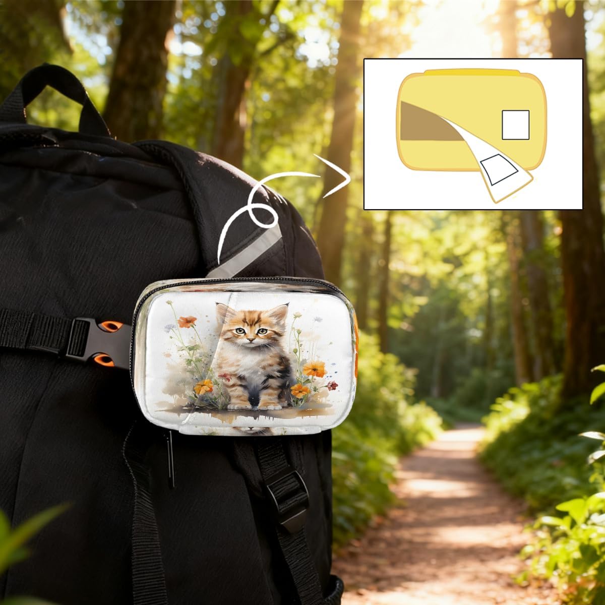 Watercolor Lovely Cat Flower Pill Organizer Travel Medicine Case with Zipper Daily Vitamin Storage Bag Portable 8 Slot Weekly Pill Box Supplement Holder for Home Office Gym Travel