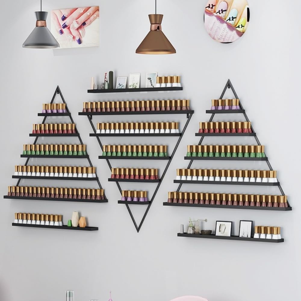 Elegant Gold Wall Mounted Nail Polish Rack - Set of 6 Triangular Cosmetic Display Shelves for Essential Oil Bottles, Organize Your Lipsticks and Perfumes in Style at Home or Salon (Black)