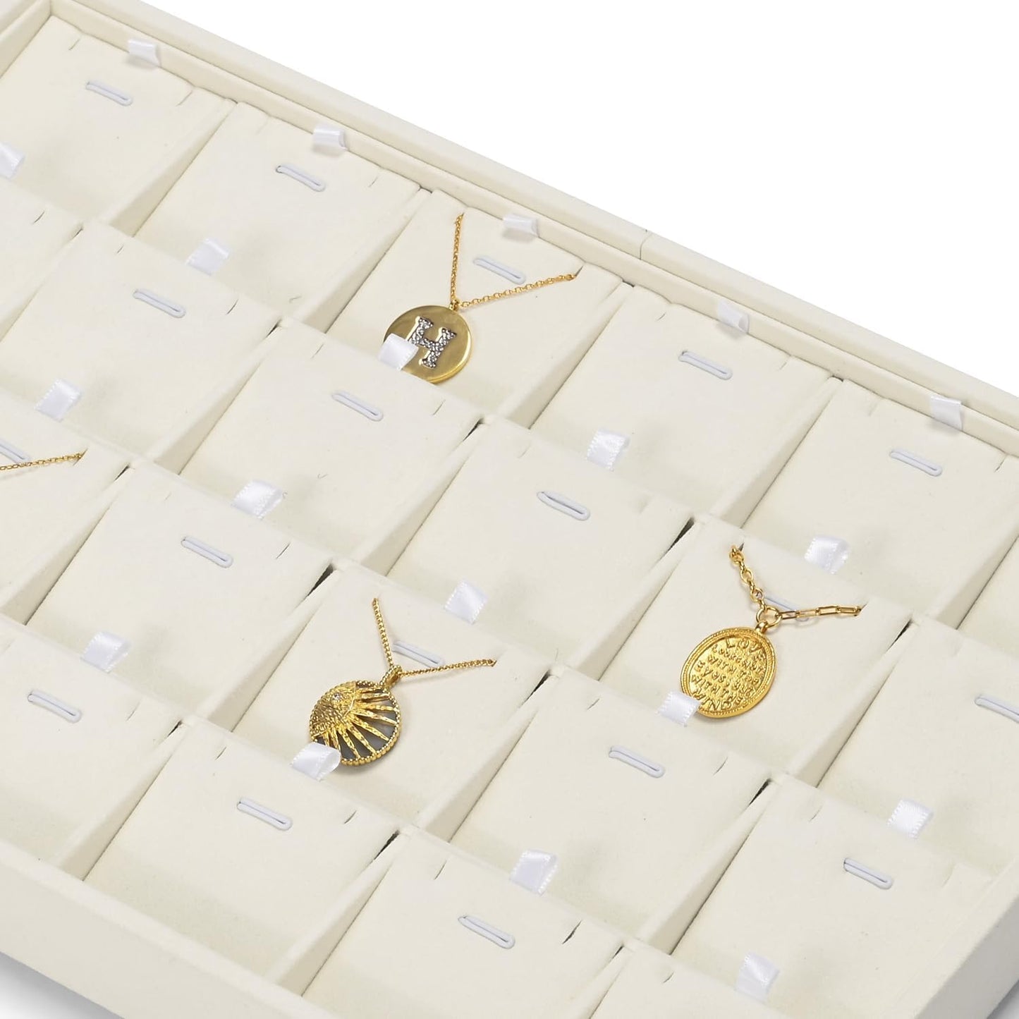 Beige Jewelry Necklace Display Tray 24 Grids Pendant Earrings Necklace Organizer Display Showcase Microfiber Jewelry Storage Tray