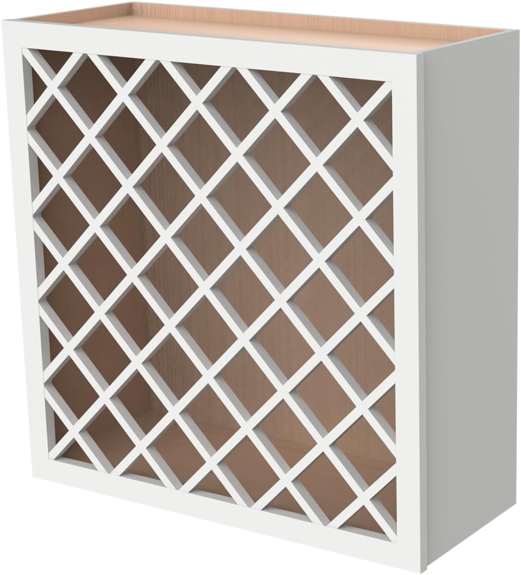 Solid Wood RTA Wine Bottle Rack Wall Cabinet with Lattice Panels - Bottle Holder Storage for Bar, Pantry, or Wine Cellar - Mocha finish Countertop Solution (Origami White, 24”W × 12”D × 30”H)