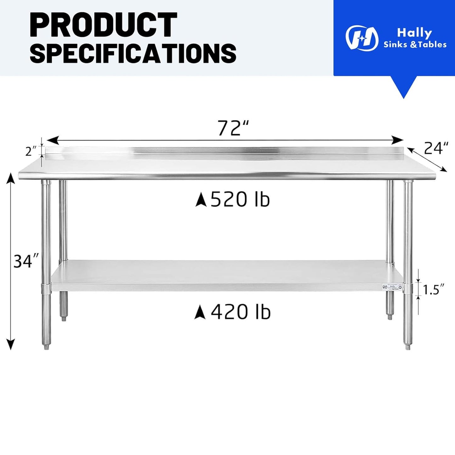 Hally Sinks & Tables HStainless Steel Table for Prep & Work 24 x 72 Inches, NSF Commercial Heavy Duty Table with Undershelf and Backsplash for Restaurant, Home and Hotel