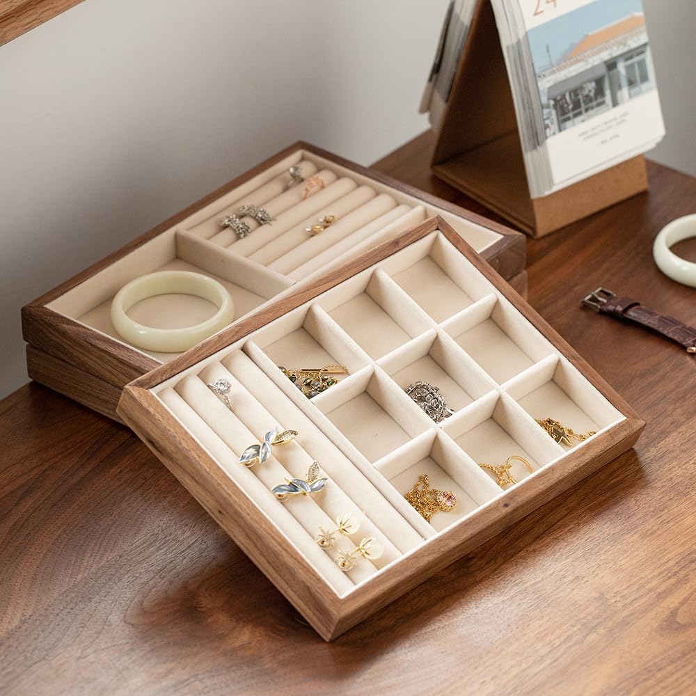 9 Grid +3 Line Black Walnut Wooden Jewelry Tray Organizer with Velvet Lining - Premium Jewelry Storage for Rings, Earrings, Brooches, LuxuryJewelry Drawer Organizer & Display Tray