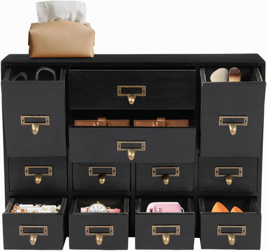 12-Drawer Wooden Storage Cabinet Organizer, Apothecary Cabinet Vintage Library Card Catalog Cabinets for Countertop Apothecary Tea Coffee Pod Storage (Black)