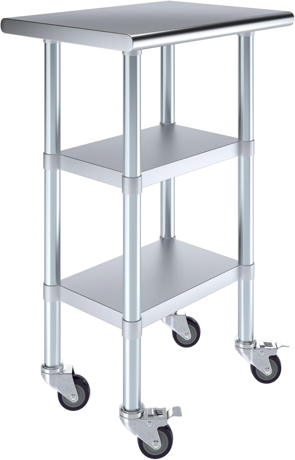 AmGood Stainless Steel Work Table with 2 Shelves and Casters | Metal Utility Table On Wheels (Stainless Steel Work Table with 2 Shelves + Casters, 24" Long x 18" Deep)