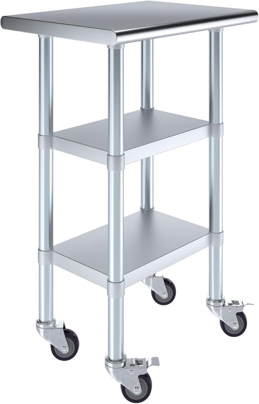 AmGood Stainless Steel Work Table with 2 Shelves and Casters | Metal Utility Table On Wheels (Stainless Steel Work Table with 2 Shelves + Casters, 24" Long x 18" Deep)