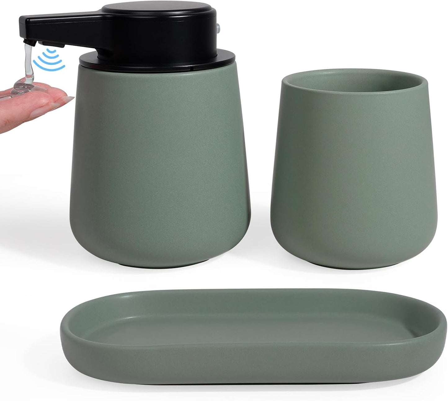INGOFIN Automatic Ceramic Bathroom Accessory Set - 3 Pcs Auto Liquid Soap Dispenser Touchless, Toothbrush Holder & Tray, Smart Electric Bathroom Counter Set for Home, Guest Room, or Office, Green