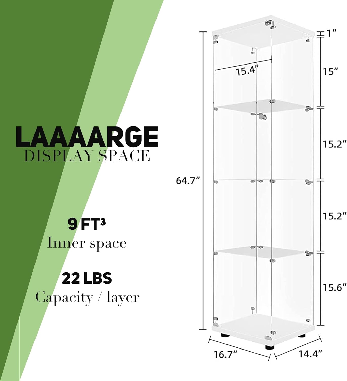Beauty4U Glass Display Cabinet with 4 Shelves, Curio Cabinets for Living Room, Bedroom, Office, White Floor Standing Glass Bookshelf, Quick Installation