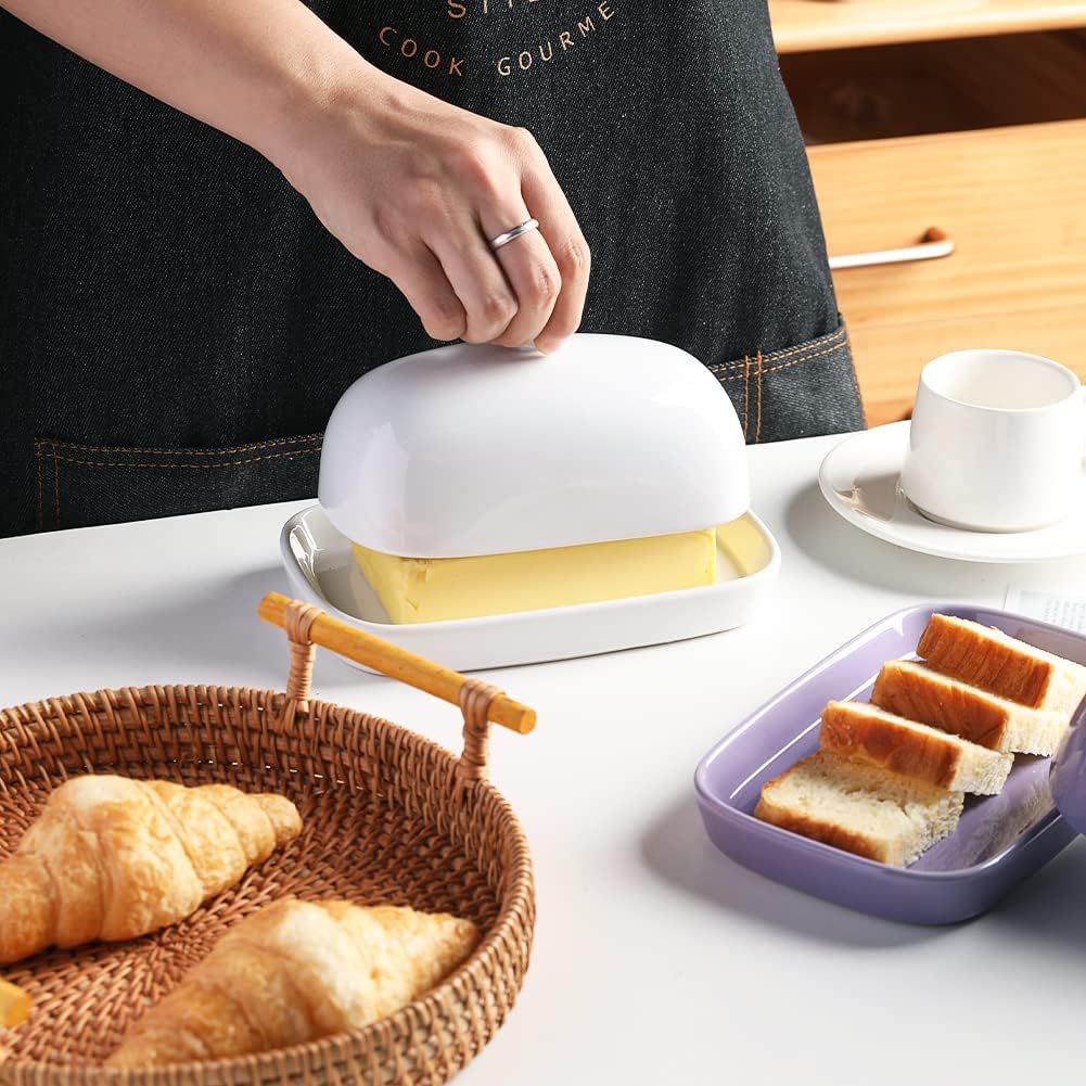 Sweejar Ceramic Butter Dish with Lid for Countertop,Porcelain Butter Keeper with Knob Handle,Butter Container for East/West Coast Butter, 7.1*3.7 inches (Red)