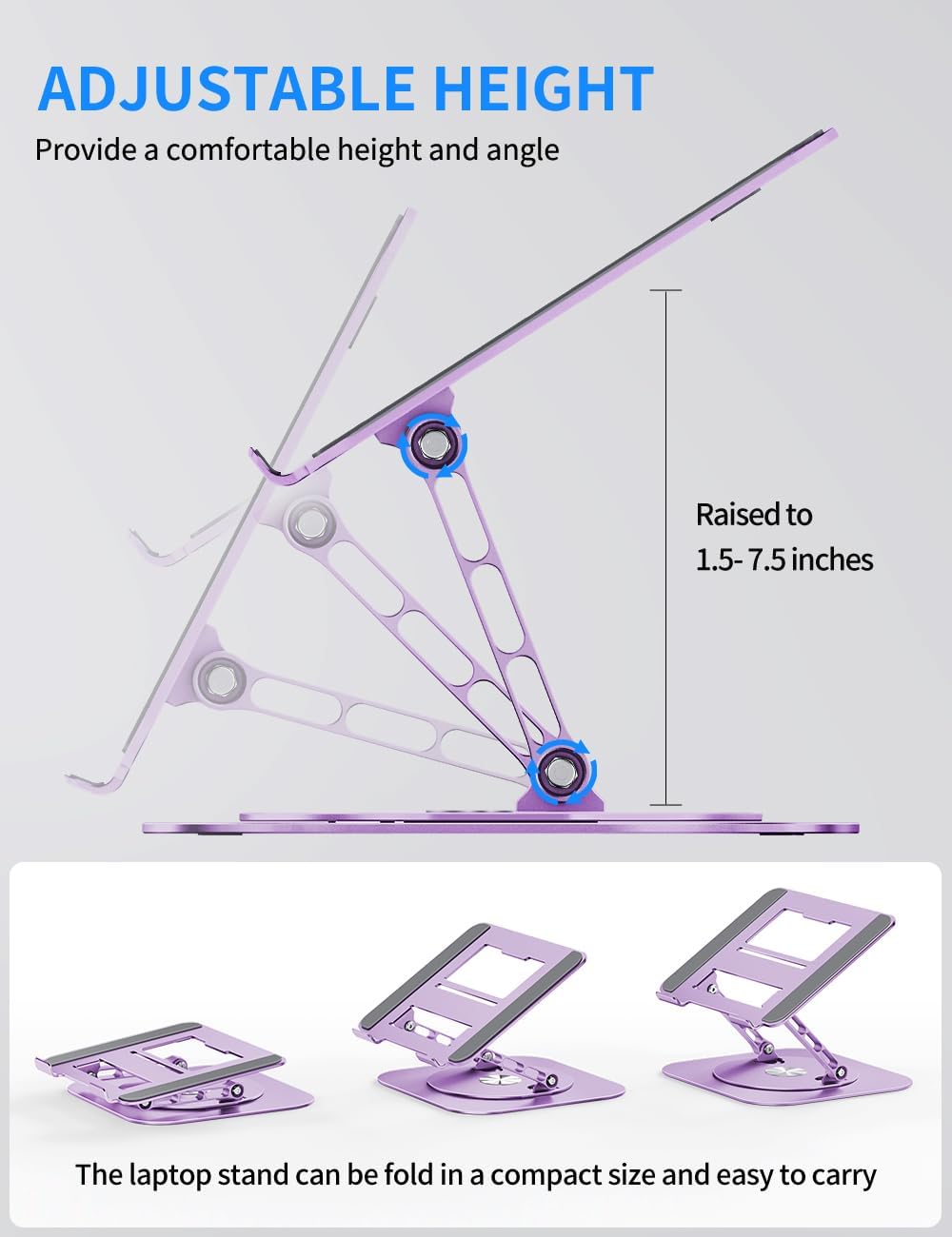 Adjustable Laptop Stand with 360 Rotating Base, Computer Ergonimic Foldable Laptop Riser for Desk Compatible with MacBook Pro/Air Notebook up to 16 Inches, Purple
