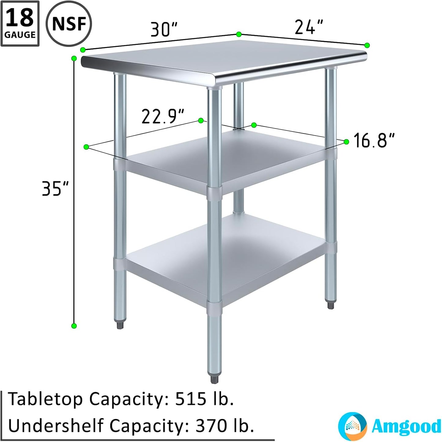 AmGood Stainless Steel Work Table with 2 Shelves | NSF | Metal Utility Table (30" Long x 24" Deep)