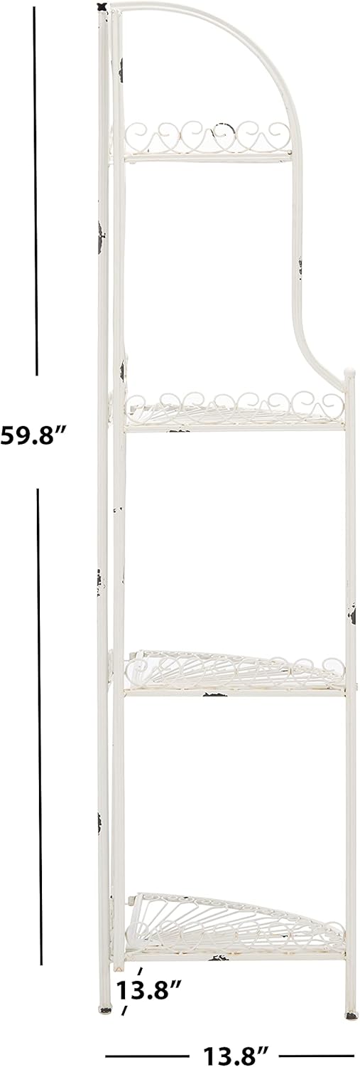 Safavieh PAT5013B Outdoor Collection Abarrane Antique White Wrought Iron 4-Tier Corner Shelf