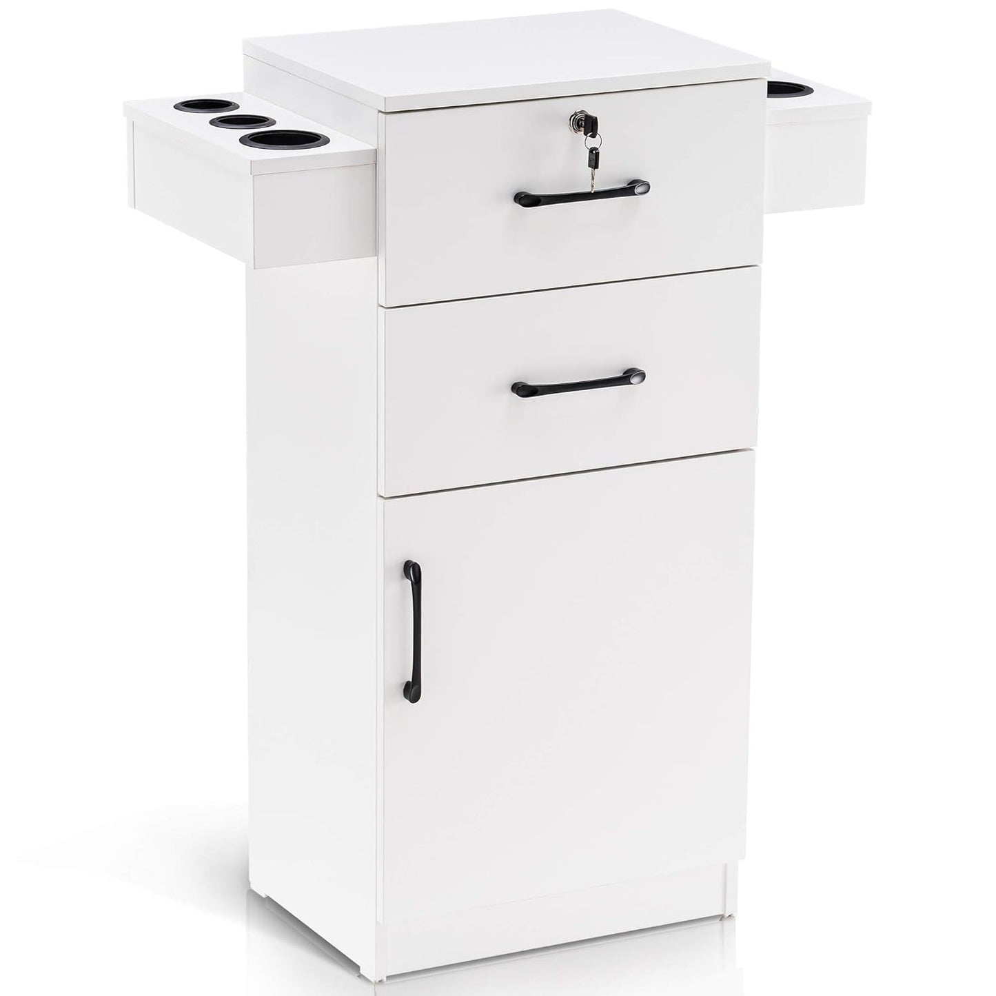 BarberPub 38"x18"x14" Locking Beauty Salon Storage Cabinet, Barber Styling Station with Nylon Hair Dryer Holder, Barber Shop Stylist Equipment with Drawers 2021 (White)