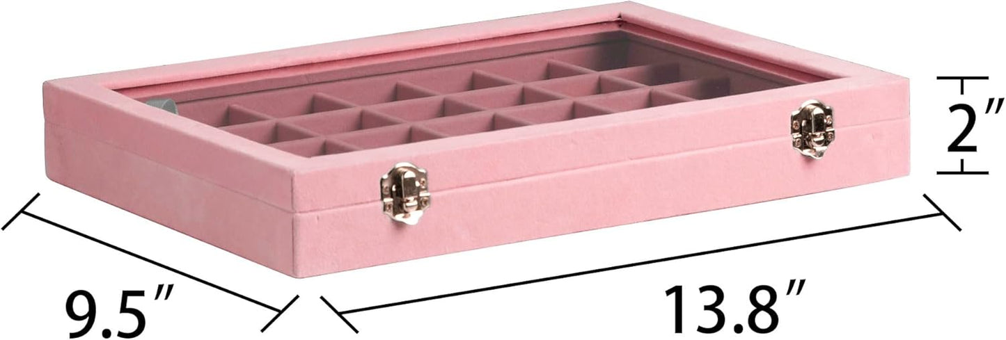 Frebeauty Velvet Jewelry Tray,35 Grid Jewelry Organizer with Clear Lid,Earring Holder Organizer Case with Clasp,Drawer Insert for Rings Studs,13.8 x 9.5 x 2 Inches,Gift for Women Girls(Pink)