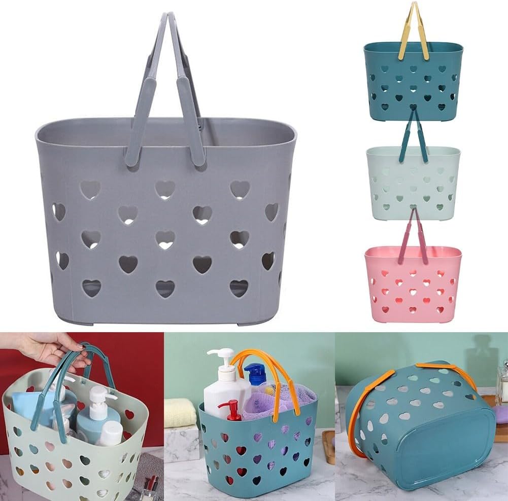 Plastic Shower Caddy Basket with Handle, Hollow Out Design for Bathroom Organizer, Stackable Storage Tote for Shampoo and Cleanser, Grey