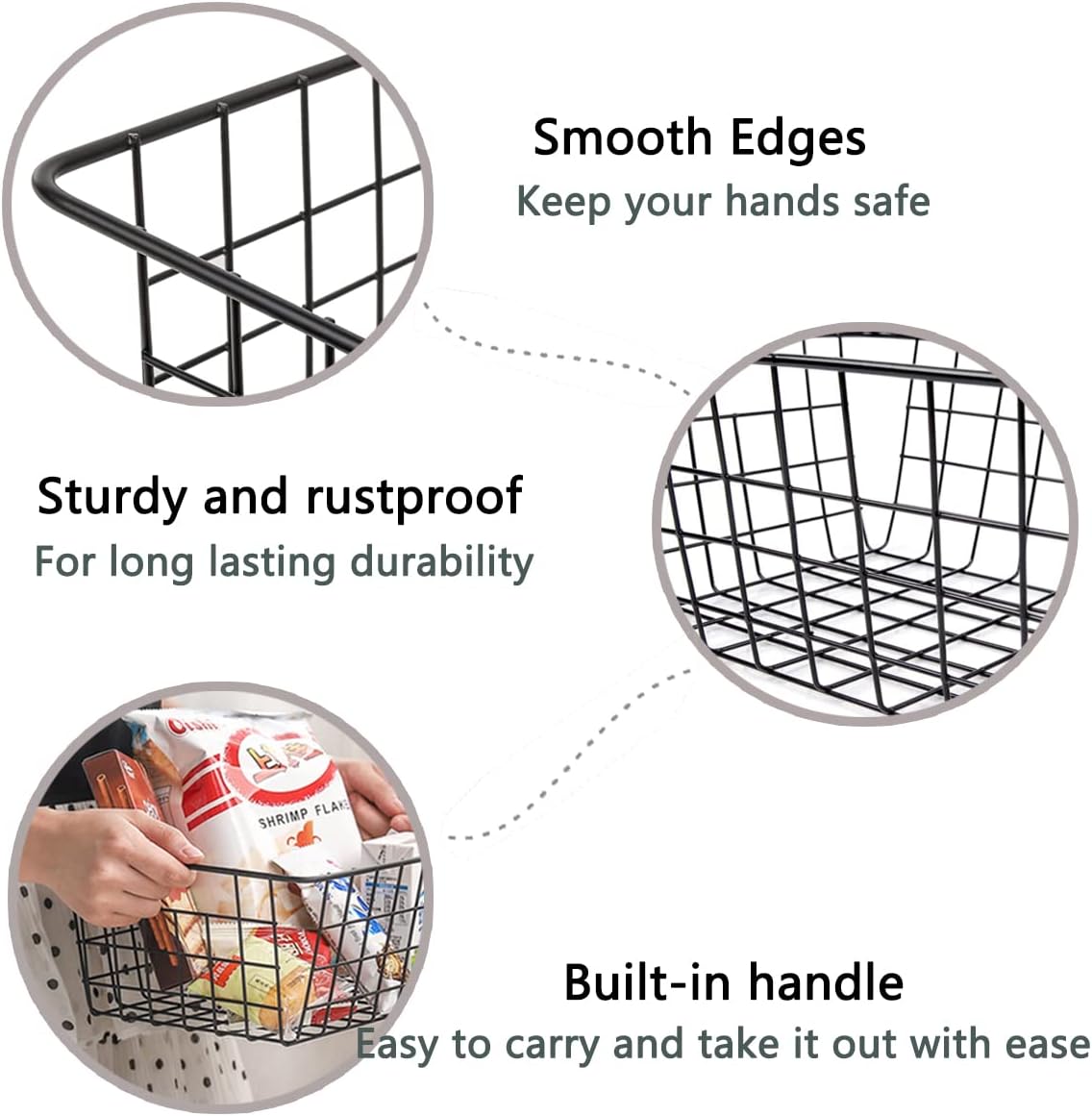 Wire Baskets for Organizing, 4 Pack Household Pantry Basket Black Metal Storage Bins Wire Storage Baskets Metal Baskets for for Home Office Kitchen, Bathroom