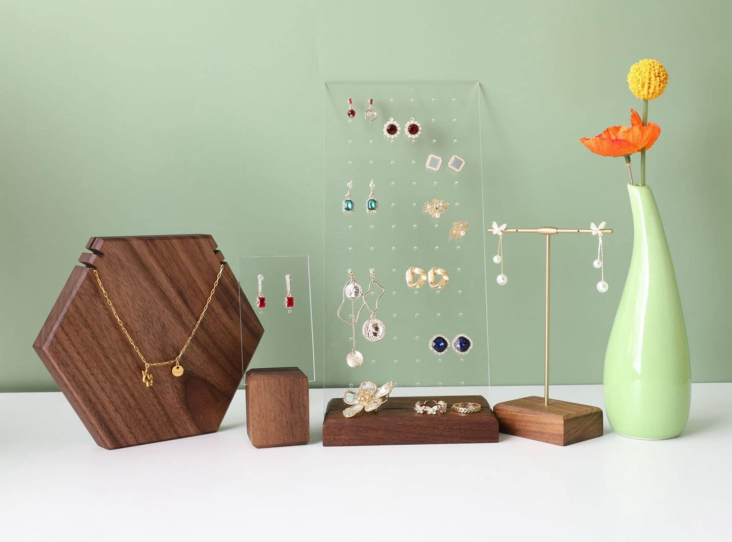 GemeShou walnut earring display for selling jewelry, wooden earring holder for studs display, small jewelry studs display board for show【Wood stand with acrylic board-Walnut】