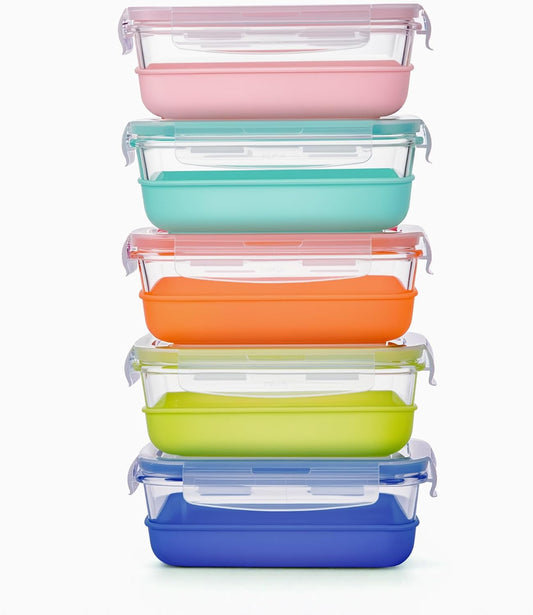 Vtopmart 5 Pack 28oz Glass Food Storage Containers Set with Silicone Sleeve，Glass Meal Prep Containers, Lunch containers with Airtight BPA-Free Plastic Lids, Dishwasher, Microwave, and Freezer Safe