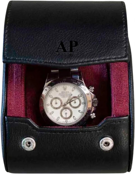 DailyWatch | Personalized Watch Roll Travel Case For 1 Watches - Handmade Genuine Leather Travel Case With Custom Engraving of Name or Initials - Black Cherry