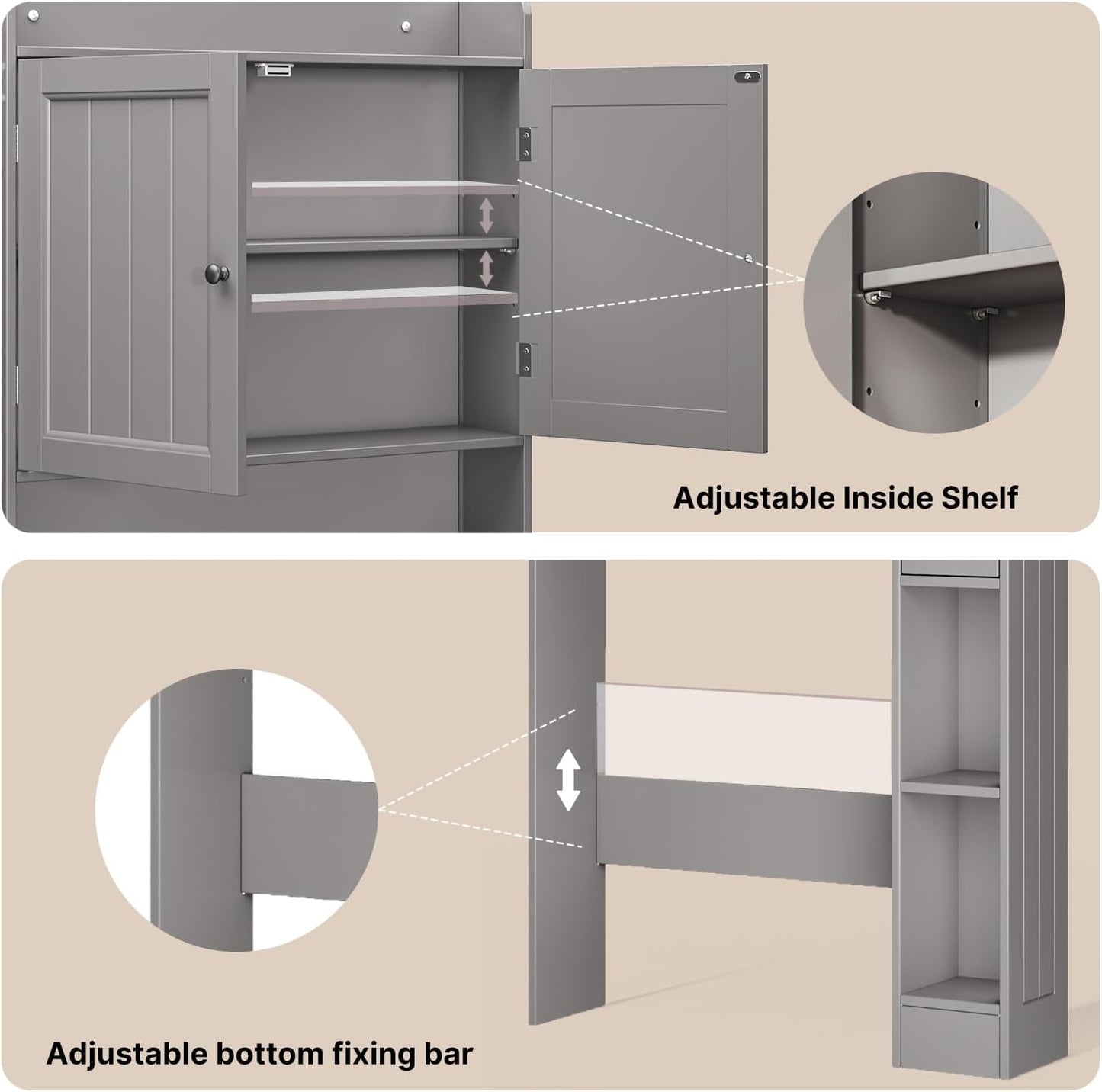 Ahomly Over The Toilet Storage Cabinet, 32.3" W Over Toilet Bathroom Organizer with Doors, Adjustable Shelves, Toilet Paper Holder, 2 Side Hooks, Space-Saver for Bathroom, Laundry, Grey