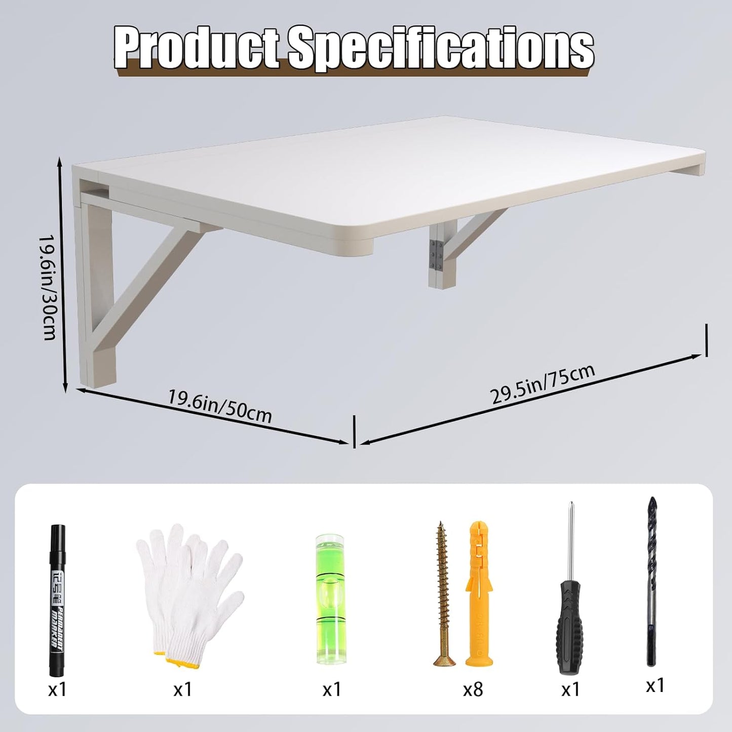 MM MELISEN Wall Mounted Folding Table, 29.5"L x 19.6"W, White, Space-Saving Design