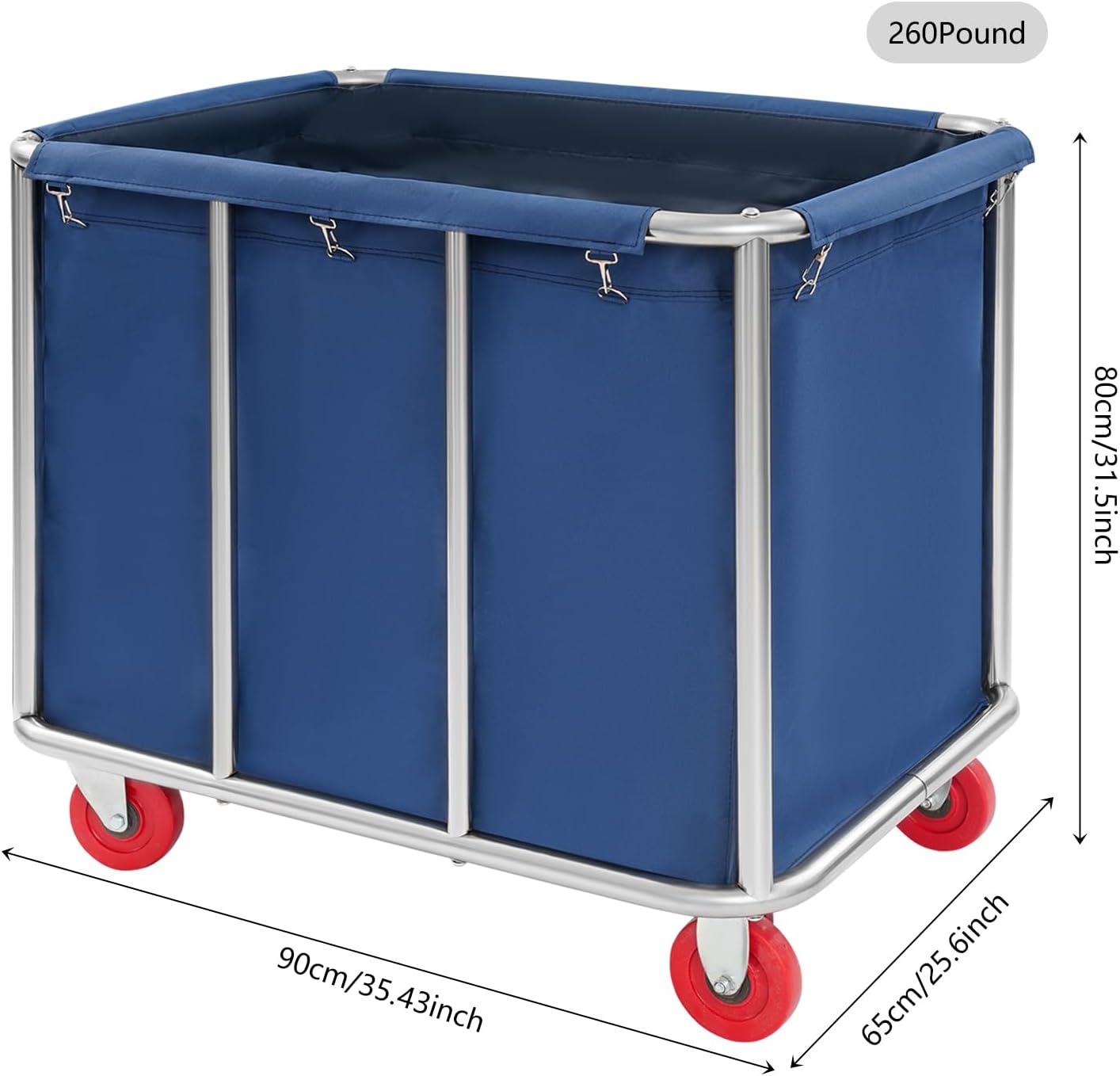 Commercial Laundry Cart with Wheels,Laundry Hamper Cart,Heavy Duty Rolling Laundry Basket with Large Capacity,Laundry Sorter Trolley for Home Hotel Apartment (Blue, 35.43 * 25.6 * 31.5in)