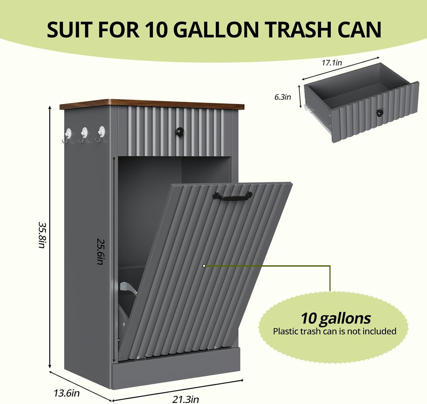 Tilt Out Trash Can Cabinet, 10 Gallon Fluted Laundry Hamper Cabinet with Drawers, Freestanding Wooden Hidden Garbage Can Cabinets for Kitchen, Living Room, Without Trash Bin or Laundry Hamper, Grey
