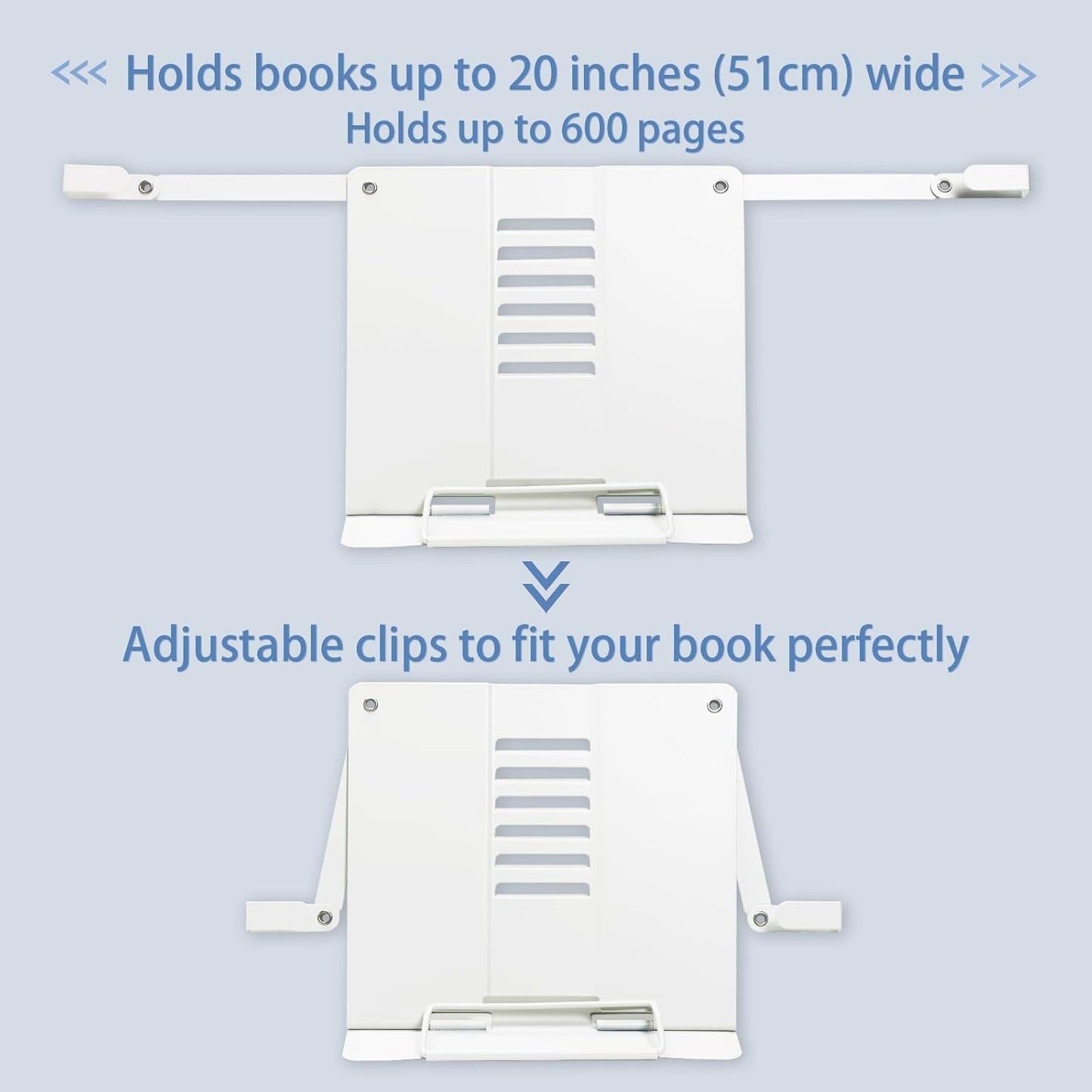 Metal Desk Book Stand for Reading with Adjustable Clips, Hands-Free Foldable Book Holder for Kids, Portable Document Stand for Desk, Display Stand for Recipes, Cookbooks, Tablets - White