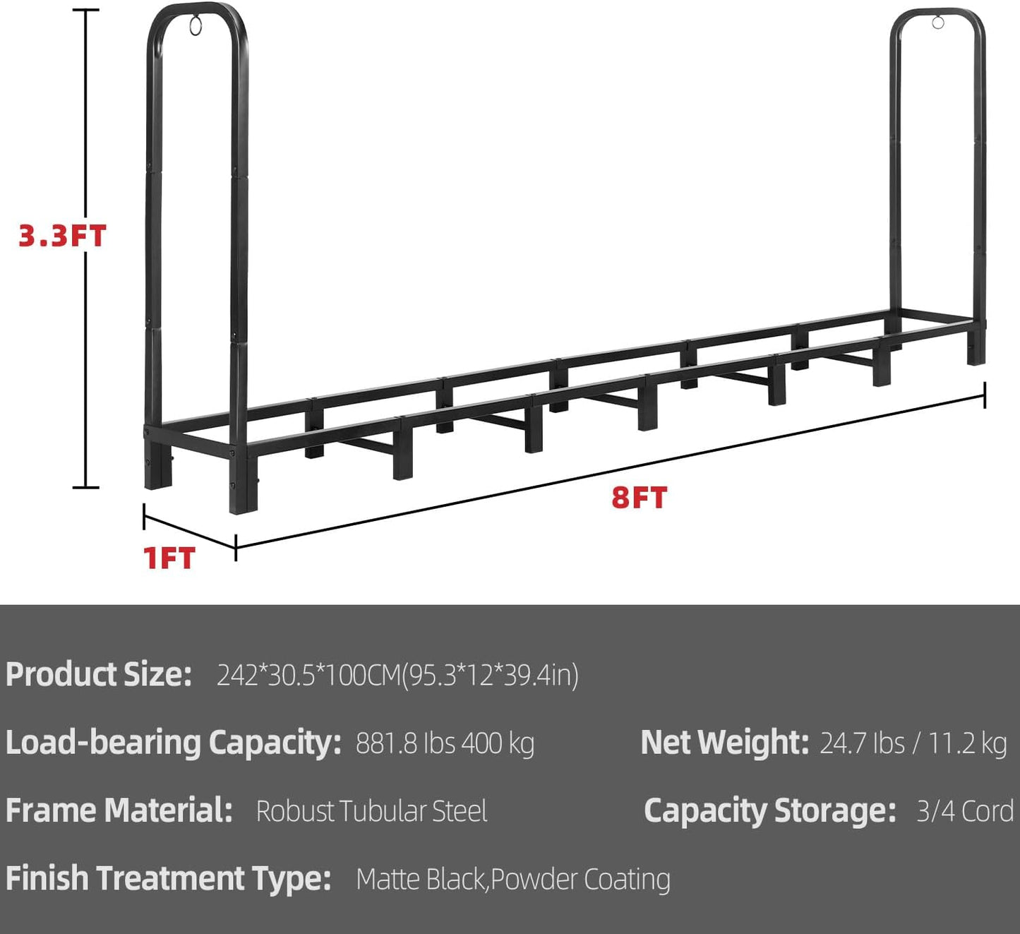 8FT Firewood Rack Outdoor, Heavy Duty Adjustable Firewood log Storage & Holder, Wood Pile Lumber Storage Rack Stacking Outside for Courtyard Patio.