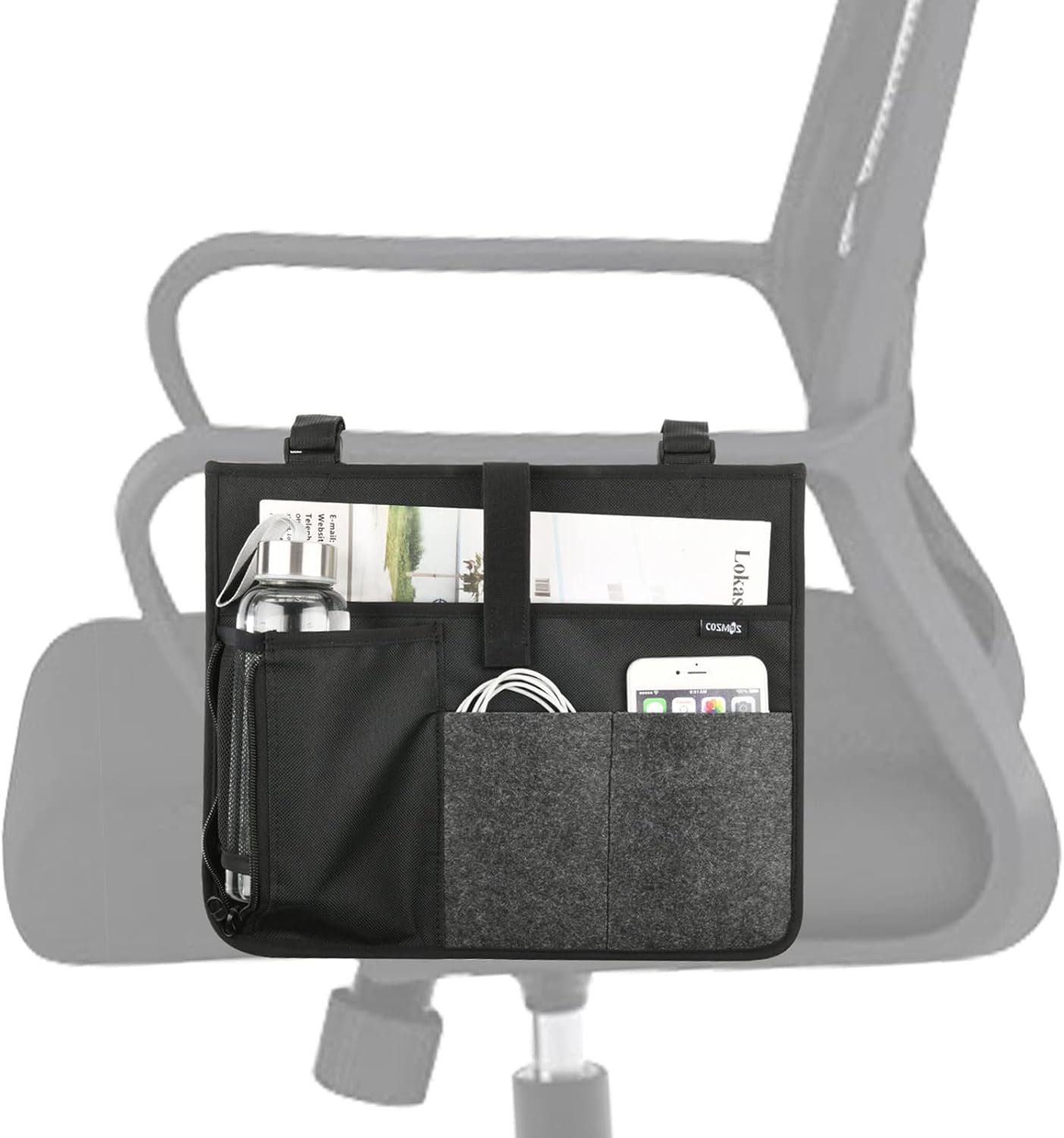 Cosmos Armrest Chair Side Organizer Bedside Caddy Organizer Bed Buk Storage Bag Armchair Wheelchair Hanging Side Pocket Bag for Ipad, Tablet, Cellphone, Remote Control, Magazines, Books & Water Bottle