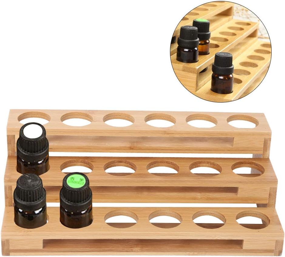 3 Tier Essential Oil Holder Stand, 1.4in Hole Diameter Wood Cosmetic Storage Organizer Rack, Makeup Display Stand for 18 Bottles