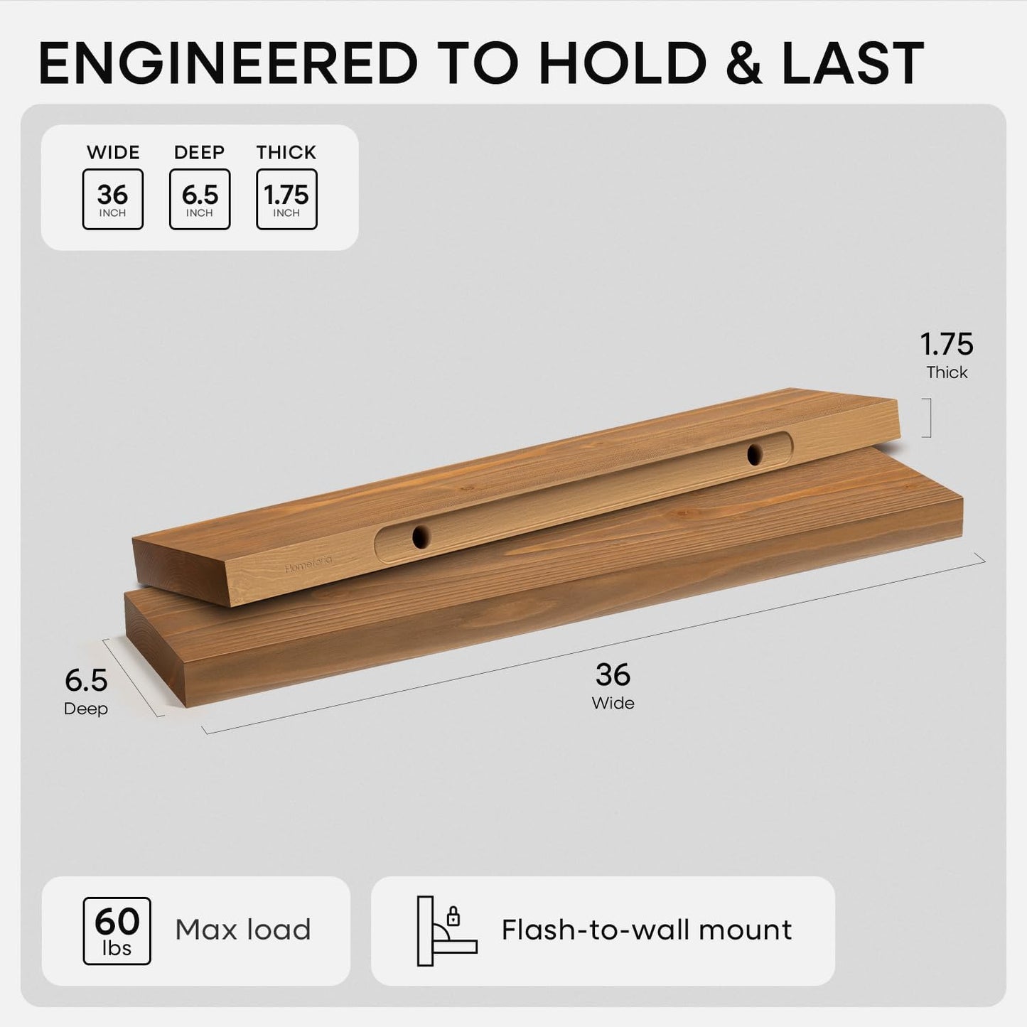 Homeforia 36 inch Golden Oak Floating Shelf, High End Solid Real Wood 36inch Small Floating Shelves for Wall Mounted, Oak Wooden 36in Floating Shelves, Heavy Duty Bracket, 36 X 6.5 X 1.75 in, Set of 4