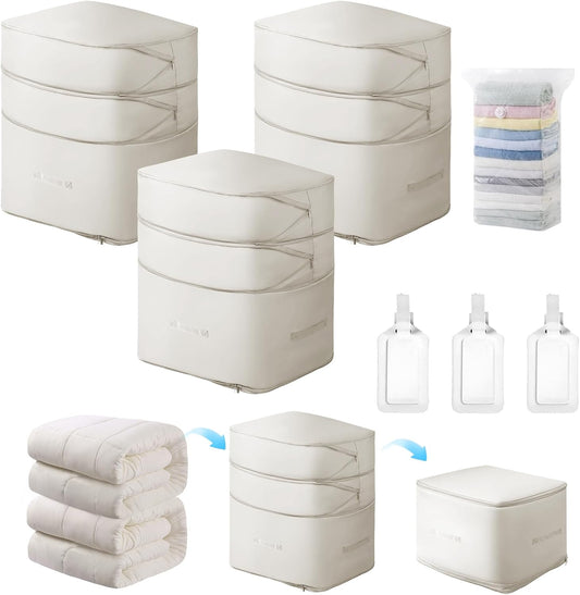 Comforter Storage Bag-Ultra Space Saving Large Self Compression Organizer for Comforters and Blanket,3-Layer Zipper Self-Compressing Organizer for Storage Bedding. (Beige, 3 Pack)