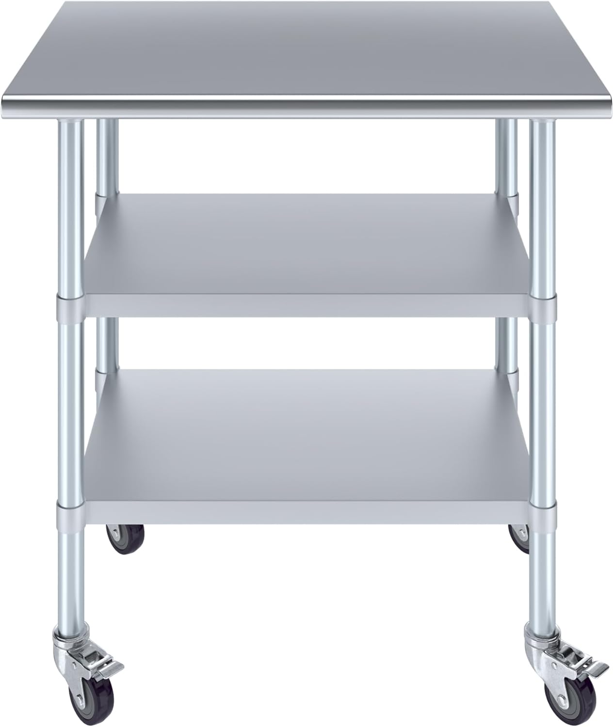 AmGood Stainless Steel Work Table with 2 Shelves and Casters | Metal Utility Table On Wheels (Stainless Steel Work Table with 2 Shelves + Casters, 36" Long x 24" Deep)