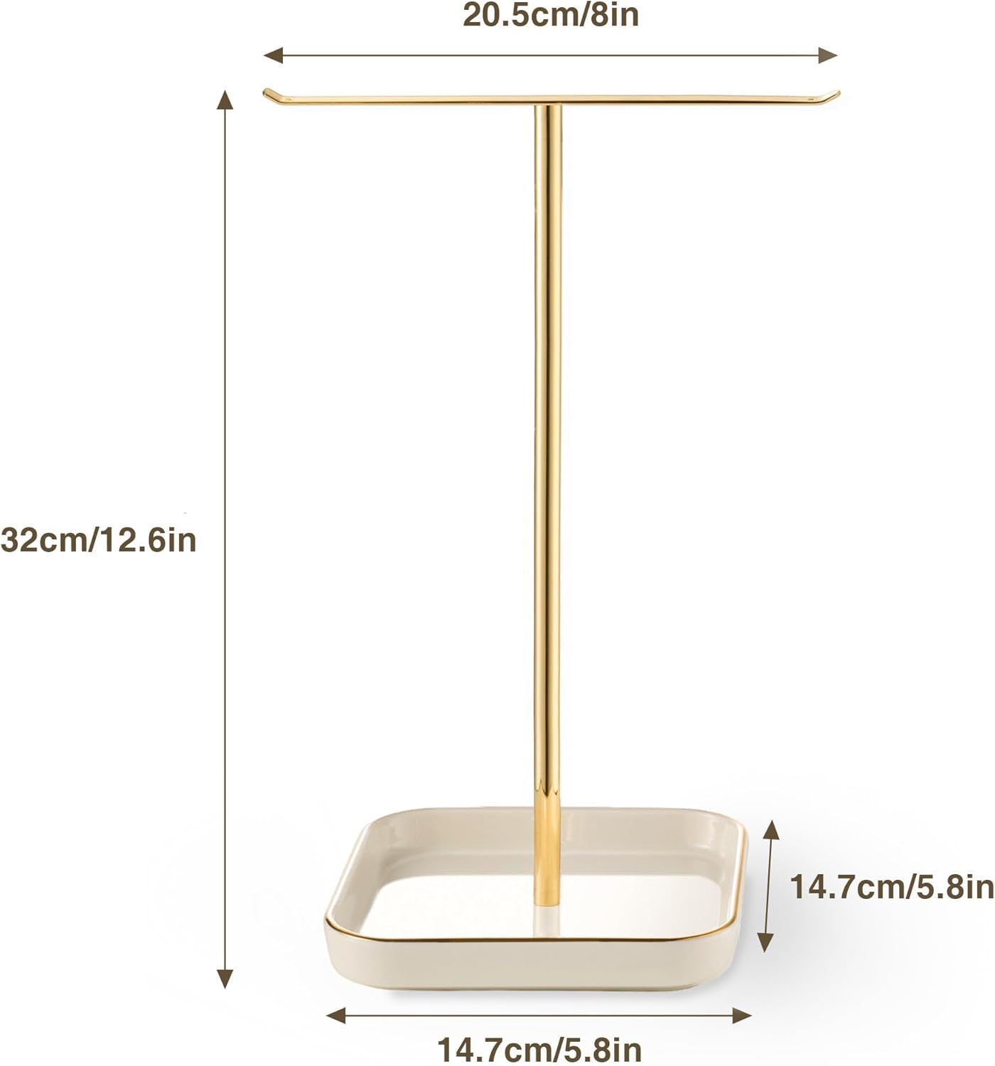 Jewelry Holder Stand with Ceramic Base: 12" Tall Necklace Organizer Rack, Tree Design Display Storage for Necklaces, Bracelets, Rings, Earrings, Aesthetic Room Décor for Girls and Women, Gold