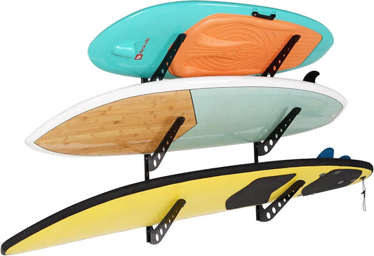 3 Board Surf Rack Wall Mount for Surfboard, Wakeboard, Snowboard Storage Adjustable Wall Hangers Boards Display