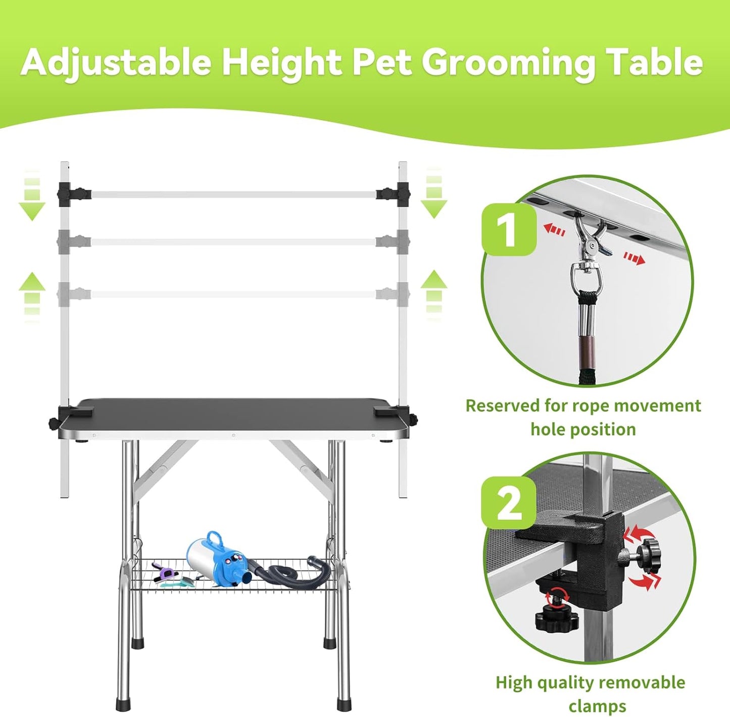 36" Large Dog Grooming Table, Non-Slip Tabletop with Adjustable Armrests, Lasso, Tool Organizer, Grid Tray, Foldable Home Pet Station, Maximum Weight Capacity 330 Ibs,Black