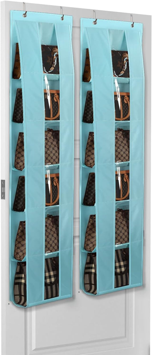 Lirex Over the Door Organizer, 2 Pack Handbag Storage with 6-Tier Space-Saving for Door or Closet, Handbag Hanger, Light Blue