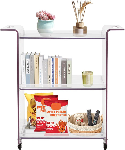 3-Tier Rolling Utility Cart with Wheels, 28×11.8×28.7In PC Rolling Serving Cart, Freestanding Trolley for Homes, Bars, Cafes