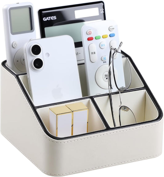 Remote Control Holder, PU Leather Small Desk Organizer with 4 Compartments, Nightstand Organizer Desk Caddy for Remote, Notepad, Phone, Glasses, and Accessories (Cream)