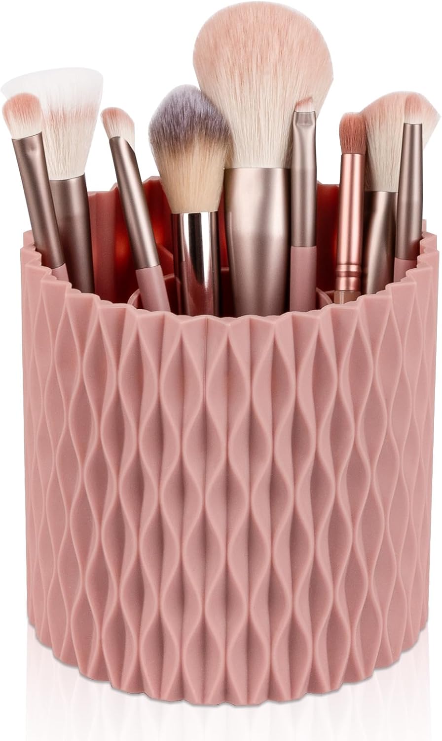 Anyoifax Makeup Brush Holder Organizer 361°Rotating Make Up Brushes Container for Vanity, Spinning Cosmetics Storage Cup, Ripple Pink