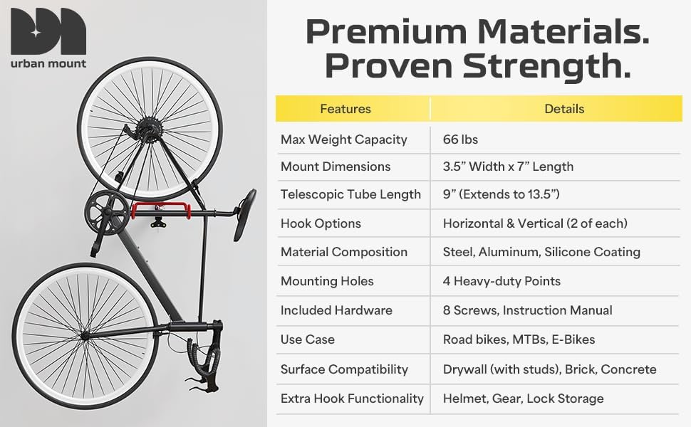 2 Pack Wall Mount Bike Rack Garage - Mountain Bike Wall Mount Horizontal Vertical Design with 66lbs Cap, Screws, Installation Manual - Secure Road Cycling Holder Storage, Bicycle Hanger for Home