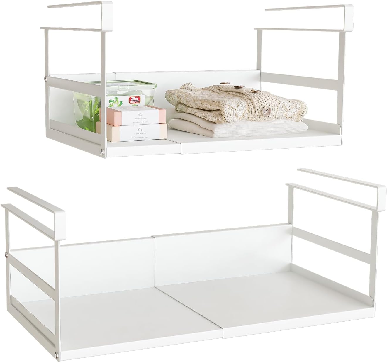 Expandable Under Cabinet Shelf Organizer with 1.25 Inches Thick Clips, Heavy Duty Extendable Under Shelf Storage Basket for Pantry or Laundry Room, White, 2 Pack, Interior: 5.7" H x 8.54" D