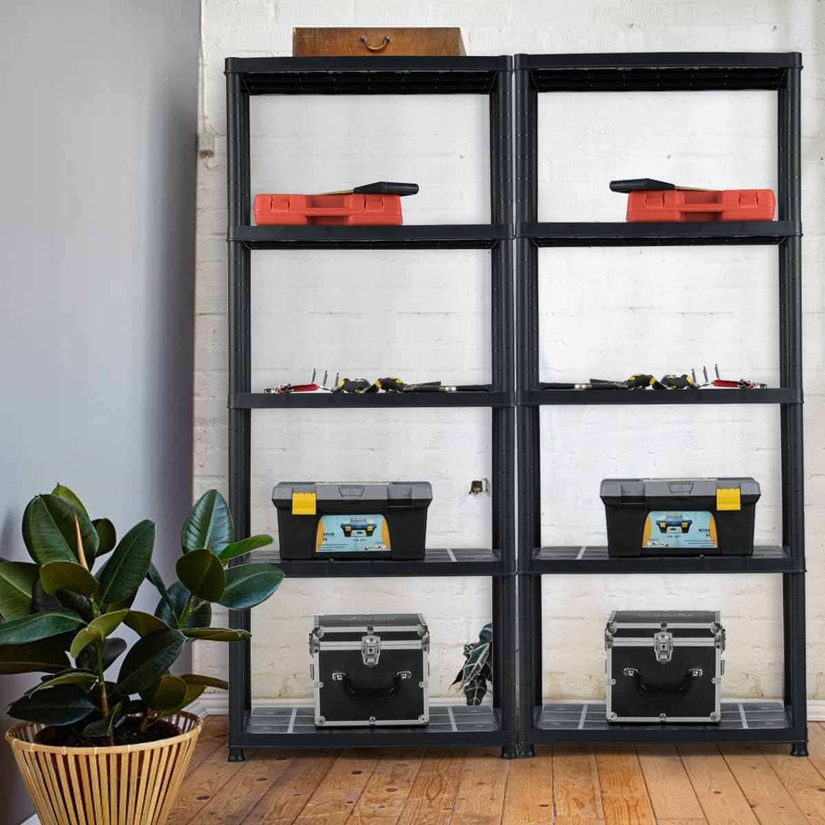 IRONMAX 5-Tier Garage Shelving Unit, Plastic Storage Rack with 4 Wall Brackets, Heavy Duty Shelf Organizer for Indoor and Outdoor, Black (2, 36”L X 18”W X 73”H)