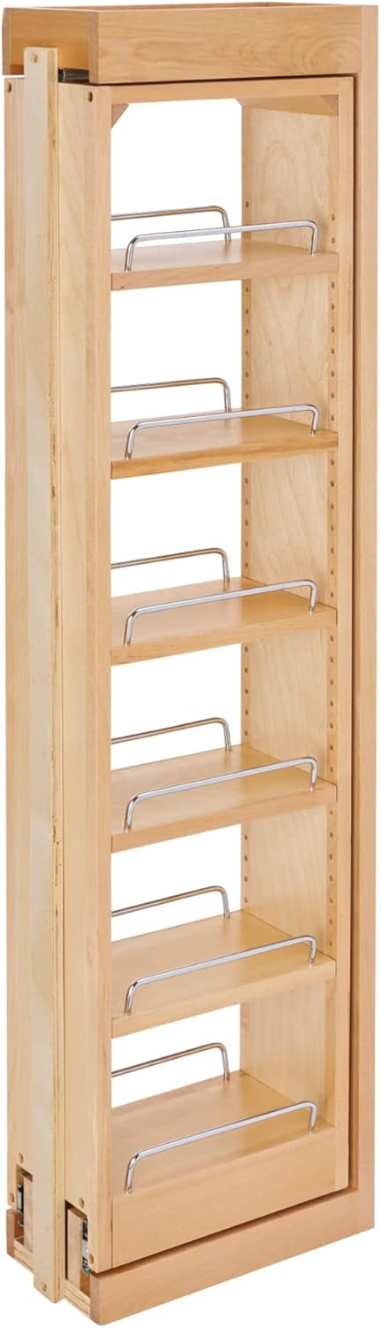 Rev-A-Shelf 6" W x 42" H Pull Out Quad Shelf Organizer for Wall & Base Kitchen Cabinets, Full Extension Filler Spice Rack, Adjustable, Wood, 432-WF42-6C