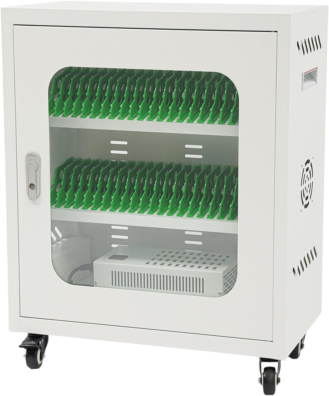 40-Slot Cell Phone Charging Station Cabinet with USB, 400W High-Power Portable Mobile Charging Locker with Wheels & Lockable Tempered Glass Door (White)