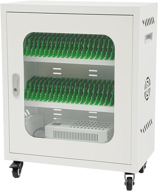 40-Slot Cell Phone Charging Station Cabinet with USB, 400W High-Power Portable Mobile Charging Locker with Wheels & Lockable Tempered Glass Door (White)