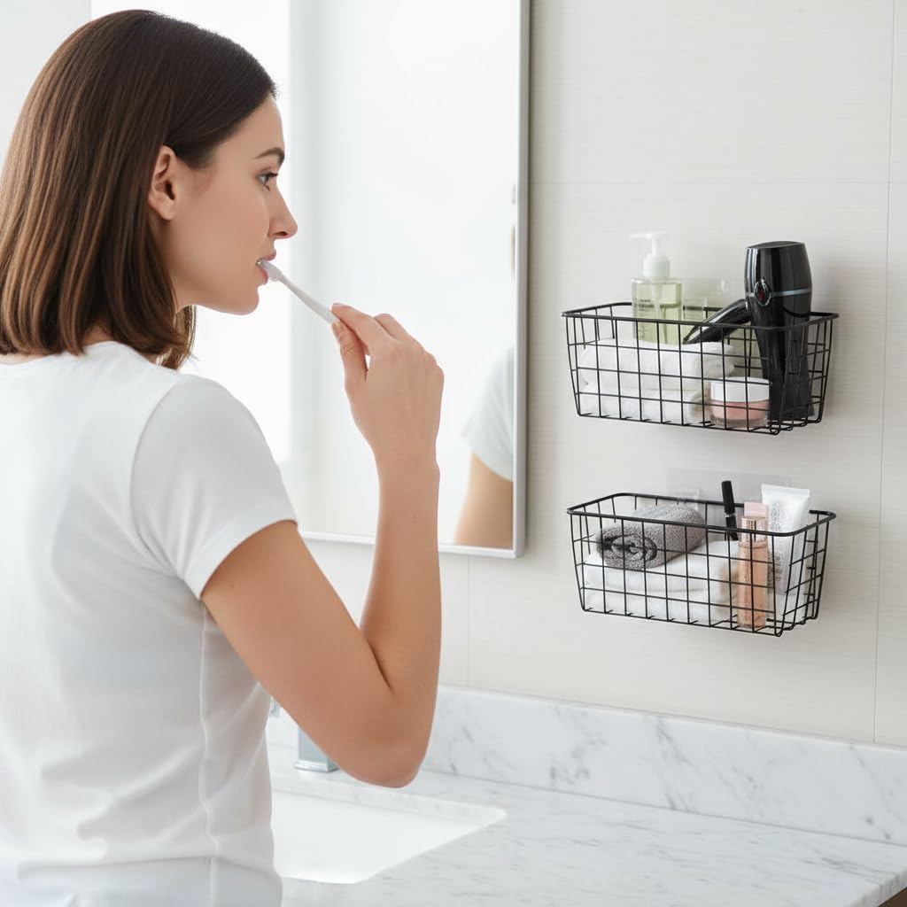 3 Set LeleCAT Adhesive Over the Cabinet Door Wire Baskets for Organizing for Kitchen Food Pantry Bathroom Shelf Storage No Drilling Wall Mounted,Black