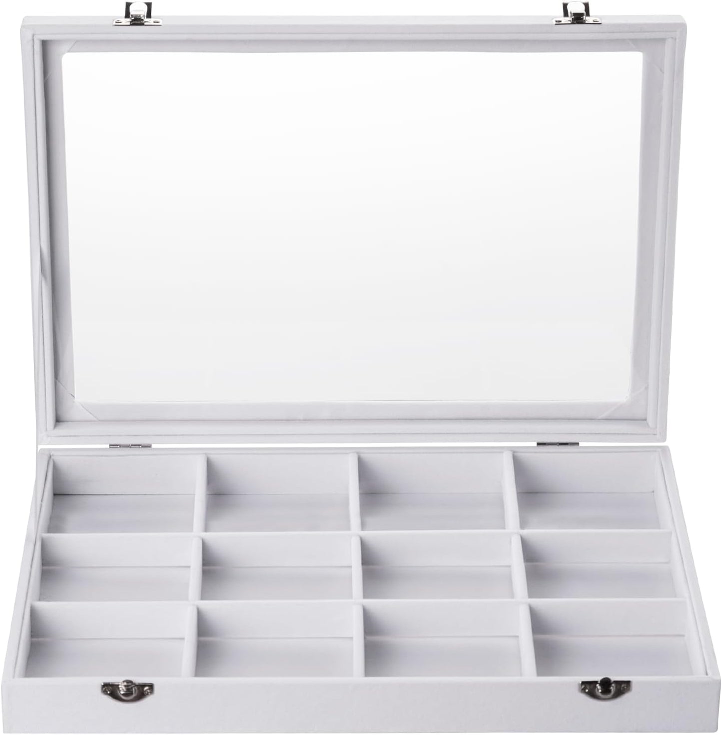 Frebeauty Velvet Jewelry Tray,12 Grid Jewelry Organizer with Clear Lid,Bracelets Holder,Jewelry Display Case with Clasp,Drawer Insert Bangle Brooch,13.8 x 9.5 x 2 Inches,Gift for Women Girls(White)
