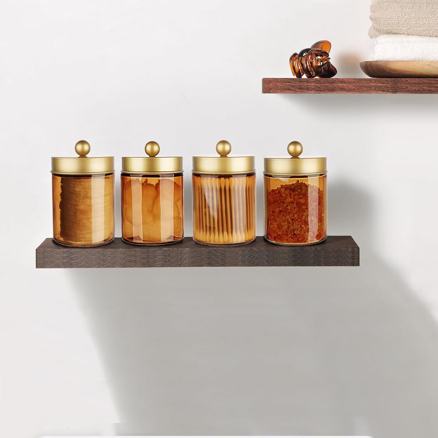 Amolliar Bronze Glass Apothecary Jar With Metal Lid & Stickers, Bathroom Qtip Dispenser Storage Canister, Perfect for Cotton Balls, Cotton Swabs, Makeup Pads, Bath Salt, Floss, 2 Pack(Gold)