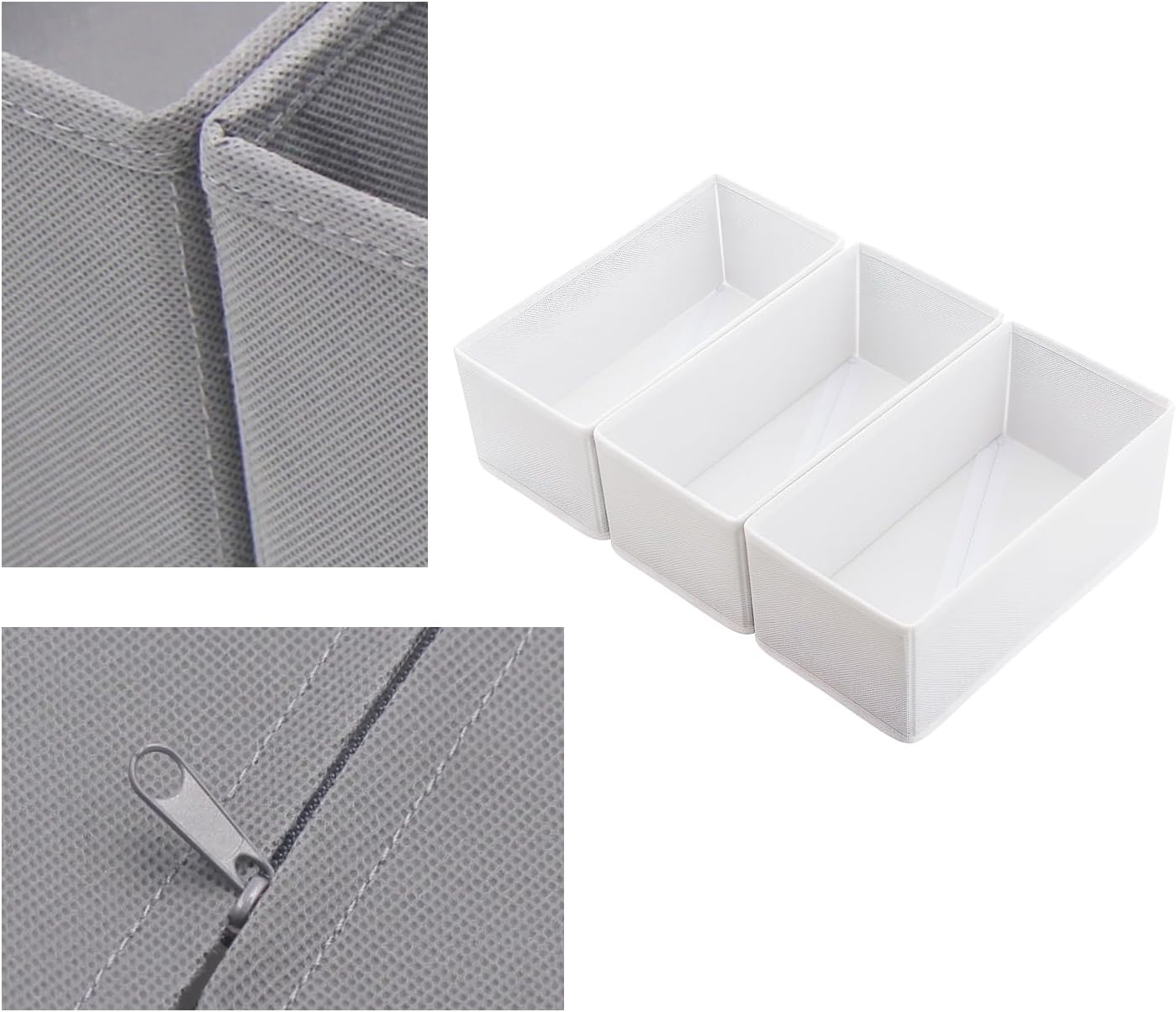 Sock Underwear Drawer Organizer 3-Pack Raw White - Foldable Small Storage Bins for Bras & Baby Clothes, 11" Fabric Dividers for Closet